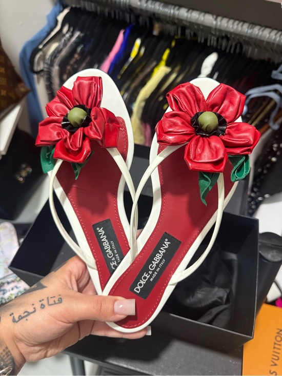 Dolce & Gabbana Shoes - Dolce & Gabbana White-Strap Red Floral Leather Thong Sandals